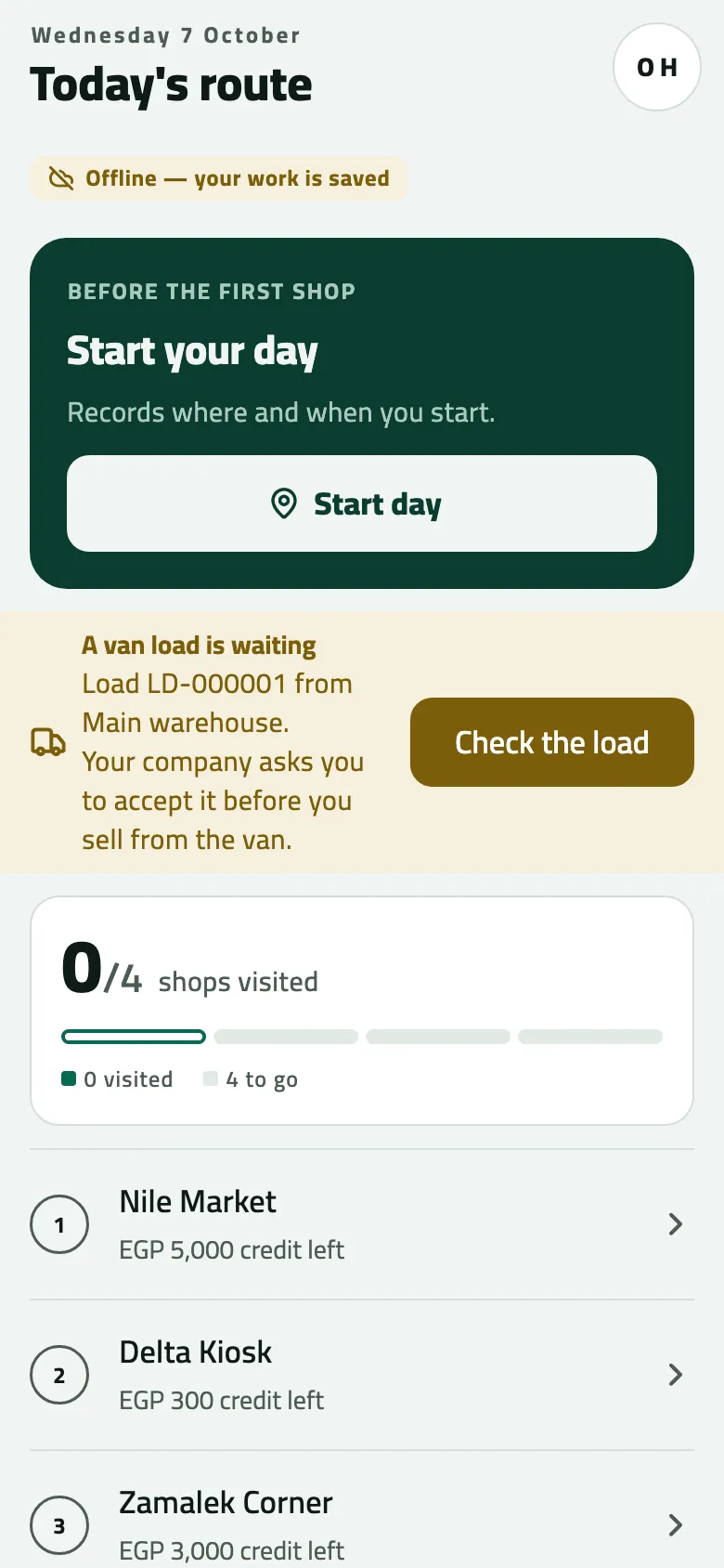 The phone's Today at the start of the day: the sync pill reads Offline — your work is saved, a Start your day card with Start day, the banner A van load is waiting for LD-000001 with Check the load, and 0/4 shops visited.