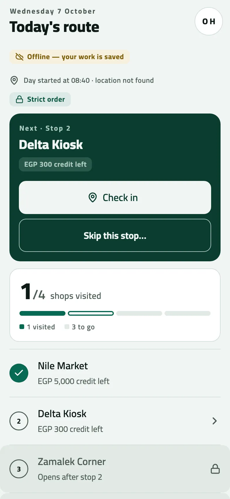 Today's route on a strict route: the Strict order pill, the Next card for stop 2 Delta Kiosk with Check in and Skip this stop…, 1/4 shops visited with Nile Market ticked, and stop 3 Zamalek Corner greyed with a padlock, Opens after stop 2.