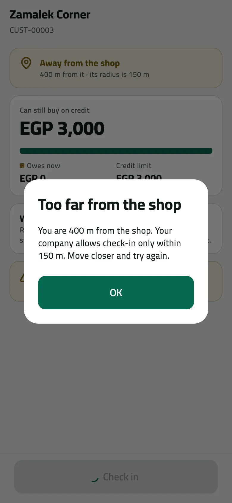 Zamalek Corner's shop screen behind the Too far from the shop dialog: ‘You are 400 m from the shop. Your company allows check-in only within 150 m. Move closer and try again.’ with an OK button.