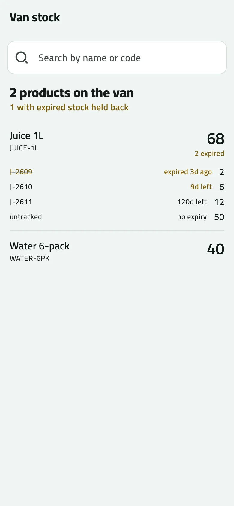 Van stock: 2 products on the van, 1 with expired stock held back. Juice 1L shows 68 to sell and 2 expired, across batches J-2609 expired 3d ago (2, struck through), J-2610 9d left (6, amber), J-2611 120d left (12) and untracked (50); Water 6-pack 40.