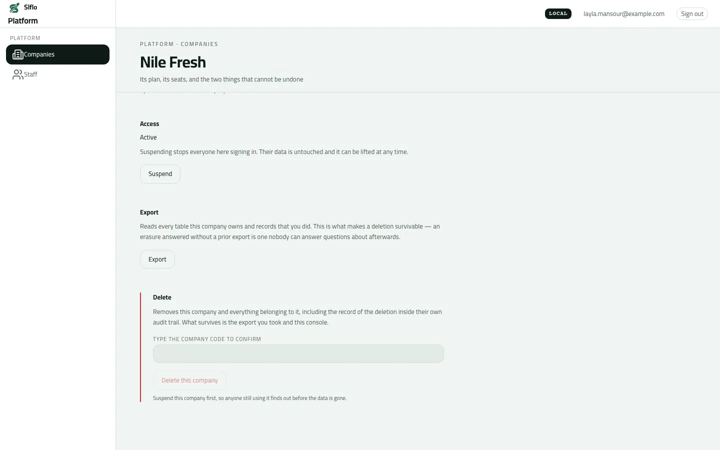 Nile Fresh on the platform console scrolled to Access, Export and the Delete section, which asks for the company code before Delete this company.