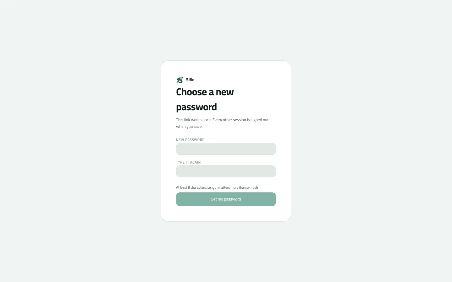 The Choose a new password page opened from a reset link, with New password and Type it again fields, an 8-character minimum hint and a Set my password button.