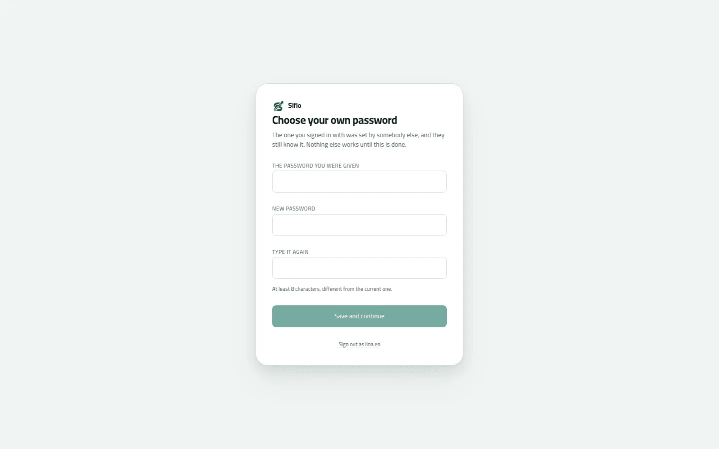 The Choose your own password screen after signing in with a temporary password: the given password, a new one twice, and Sign out as lina.en.
