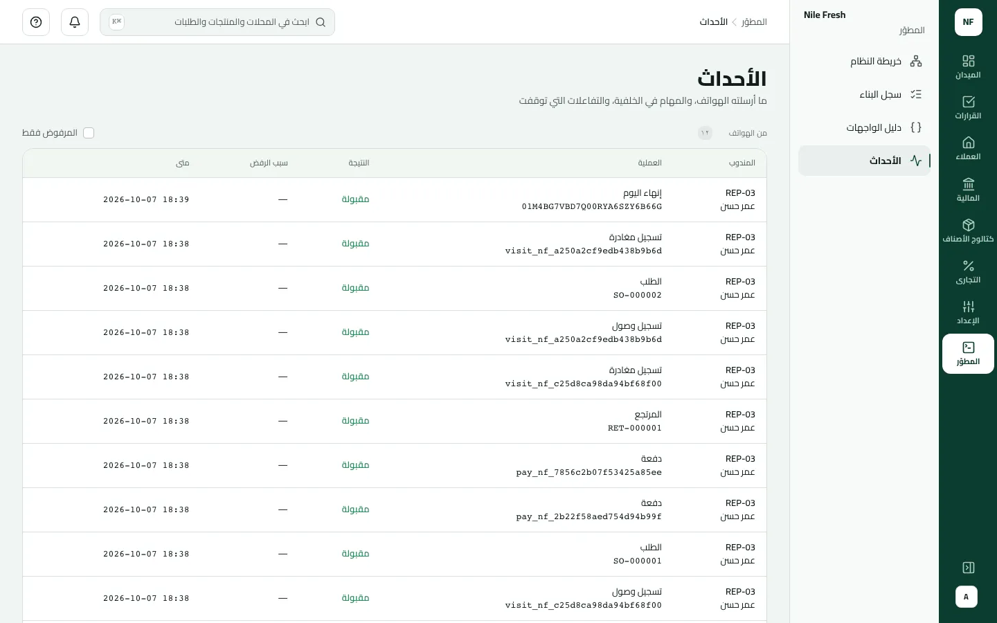 المطوّر › الأحداث وفيها 12 حدثًا من الهواتف، كلها من REP-03 عمر حسن وكلها مقبولة: تسجيل وصول ومغادرة، وطلبات، ودفعات، ومرتجع، وإنهاء اليوم.